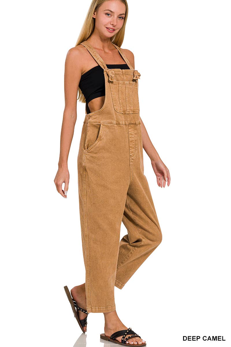 ',._ Washed Knot Strap Relaxed Fit Denim Overalls