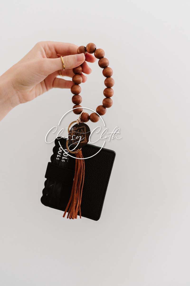 MAMA Wristlet Keychain Wallet- Solid Wood w/ Brwn Tassel RTS