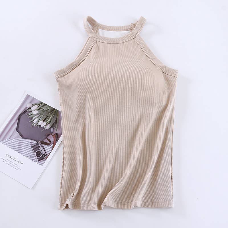 Laid back halter neck rib knit built-in bra tank top