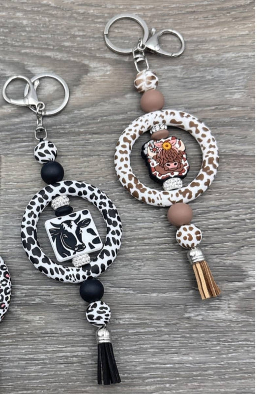WESTERN COW LEOPARD SILICONE BEADED KEYCHAIN
