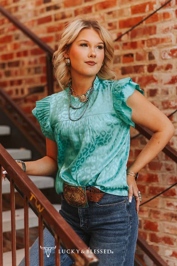 Turquoise Leopard Satin Pleated Ruffle Sleeveless Top