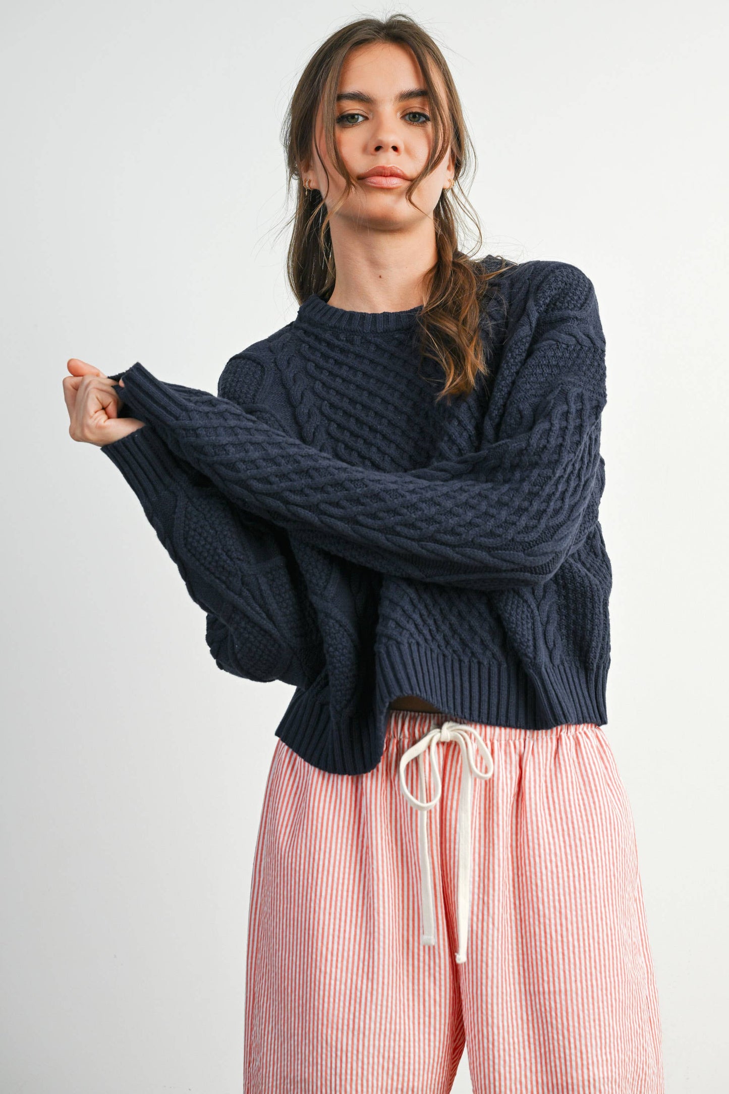 Fall Casual Solid Cable Knit Sweater - BMW7194