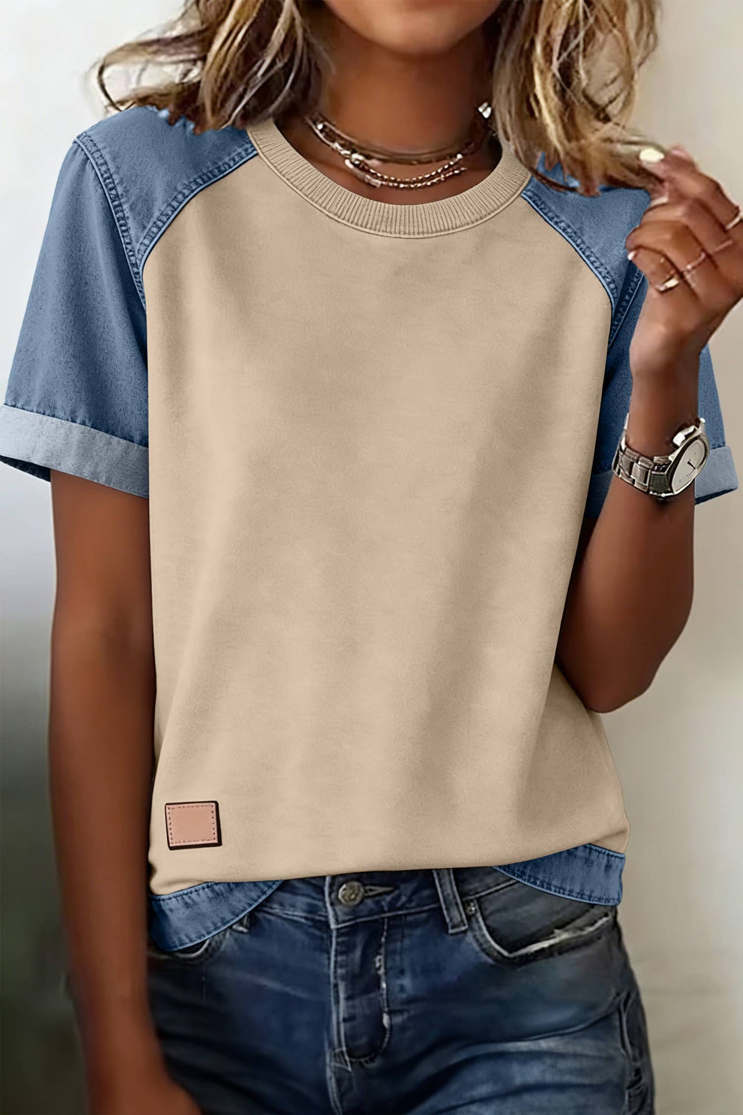 Spring 2026 Denim Color Block Patchwork Round Neck Tee