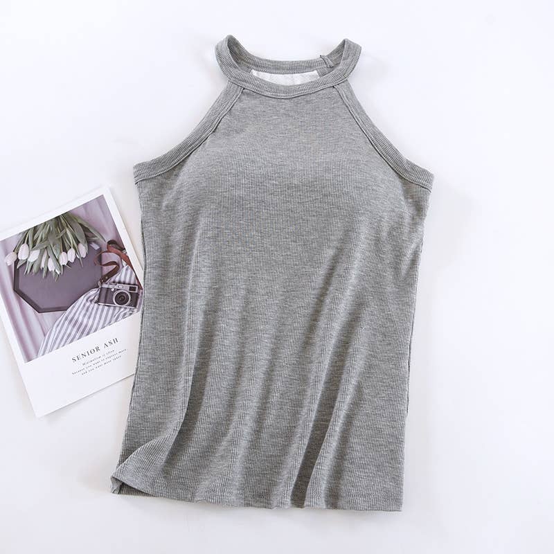 Laid back halter neck rib knit built-in bra tank top