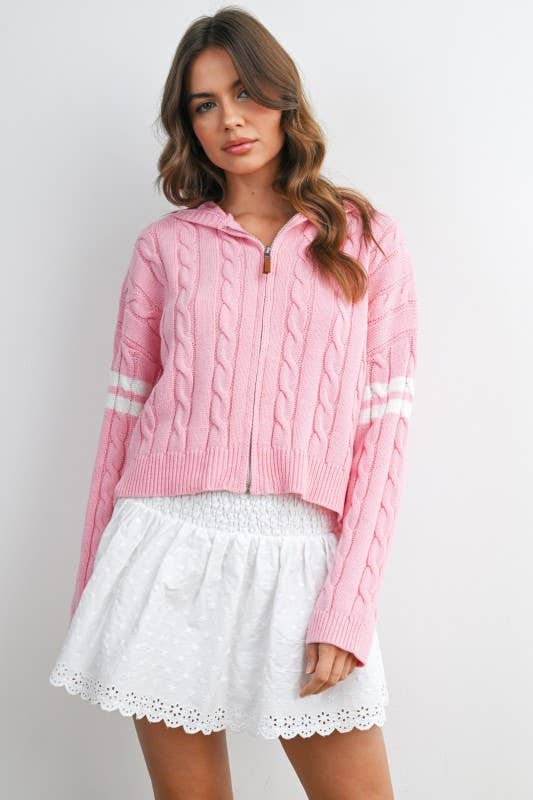 Cable Knit Zip-Up Hoodie Cardigan -