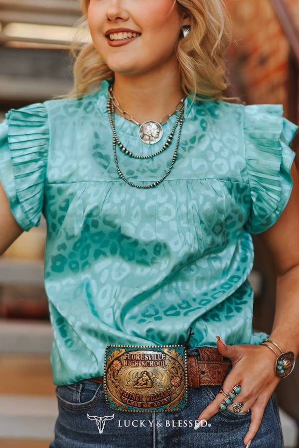 Turquoise Leopard Satin Pleated Ruffle Sleeveless Top