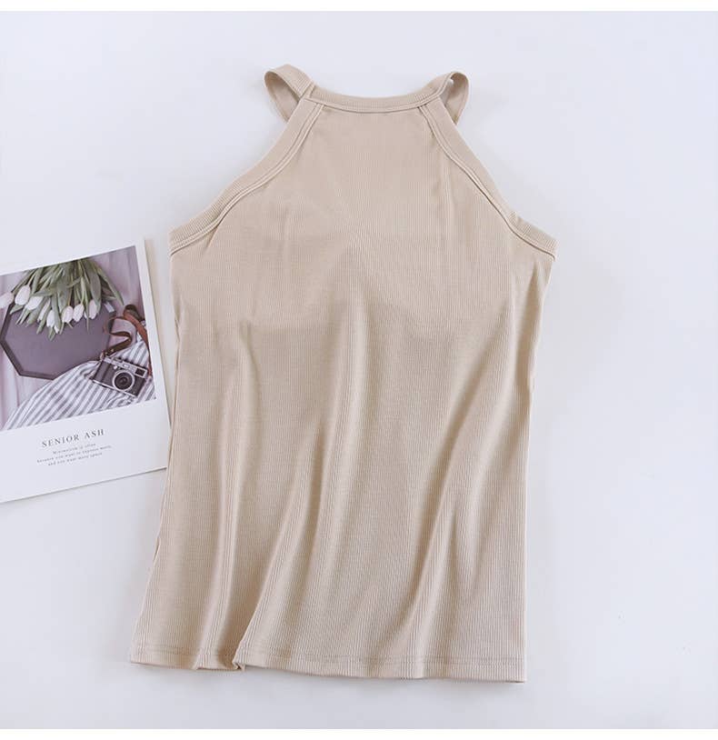 Laid back halter neck rib knit built-in bra tank top