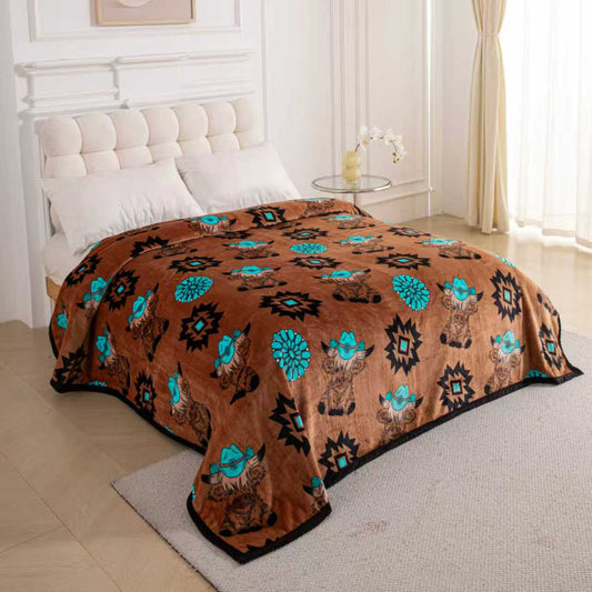 Brown Highland Cow & Concho King Size Super Plush Blanket
