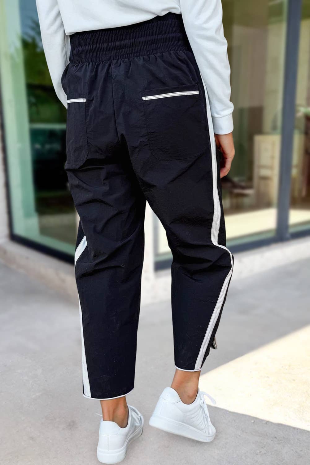Stripe Smocked Waist Drawstring Cropped Pants | S-XL