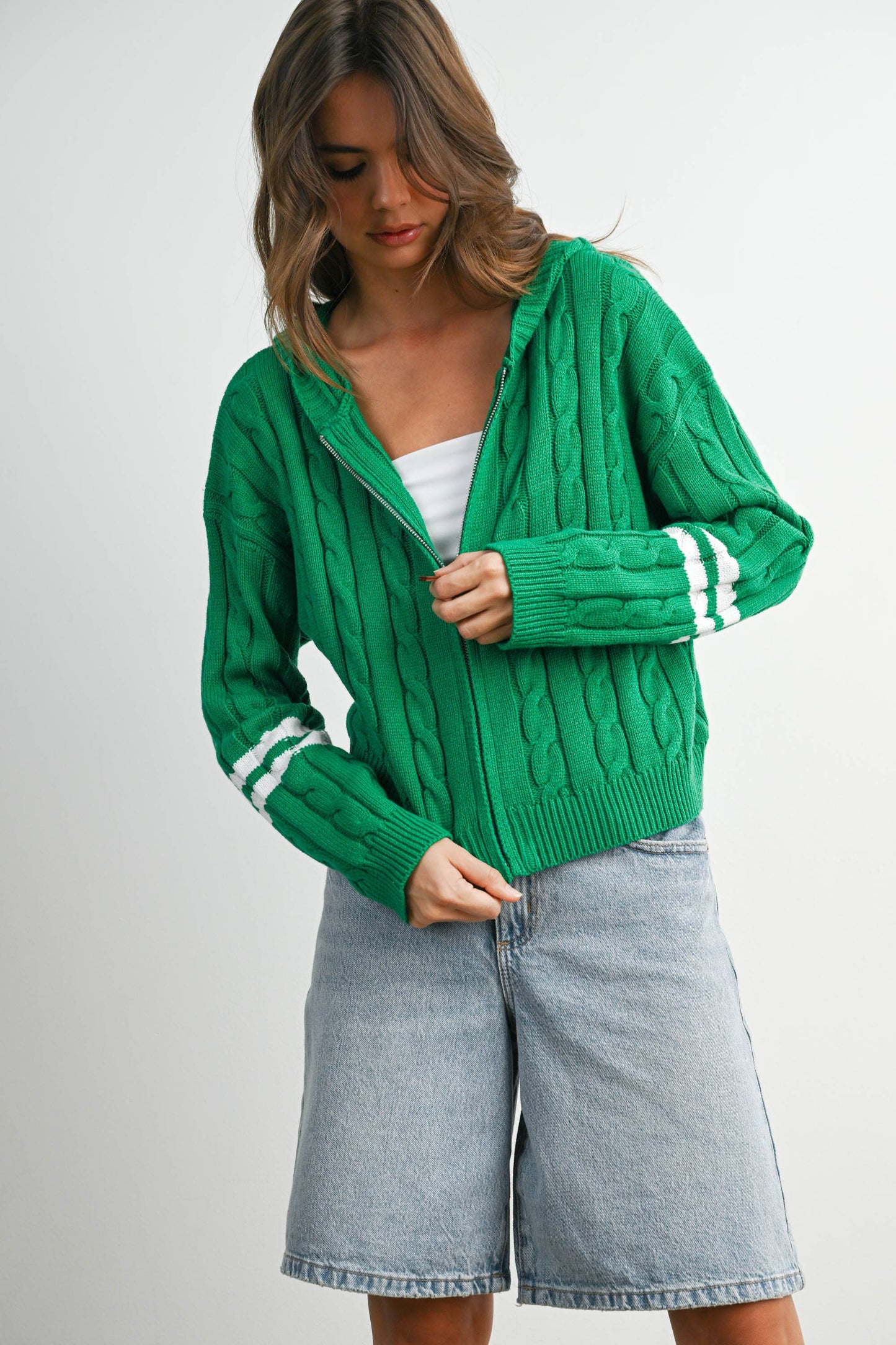 Cable Knit Zip-Up Hoodie Cardigan -