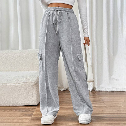 Women's Casual Elastic High Waist Splicing Pocket Straight Pants
