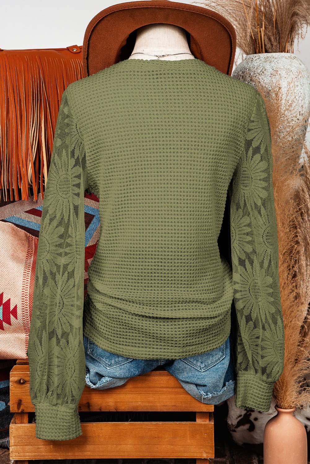 Fashion-W Sunflower Mesh Bubble Sleeve Waffle Knit Top