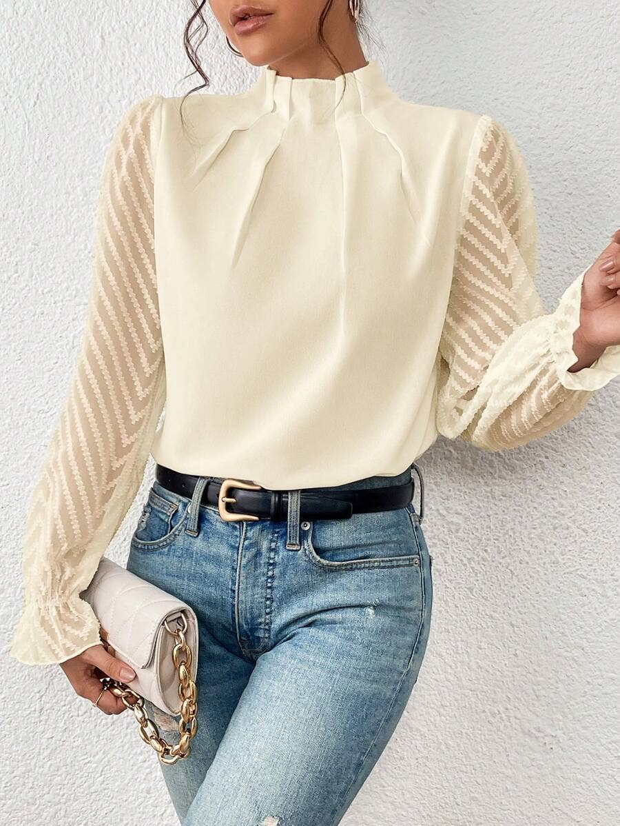 Chiffon High Neck Sheer Sleeve Blouse Elegant Top