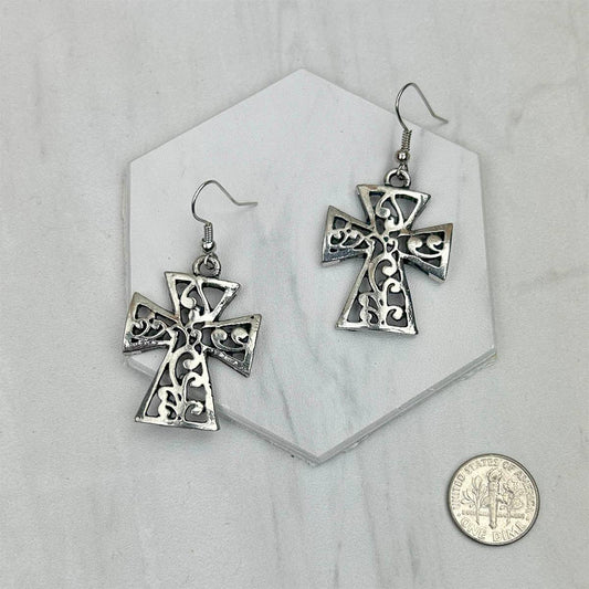 Silver Metal Cross Dangle Earrings