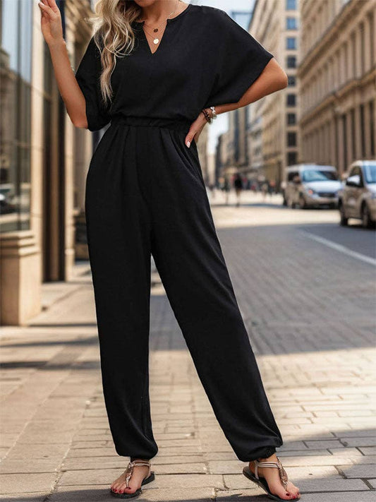 Women's Deep V Neck Short Sleeve Jumpsuits Long Pant Romper