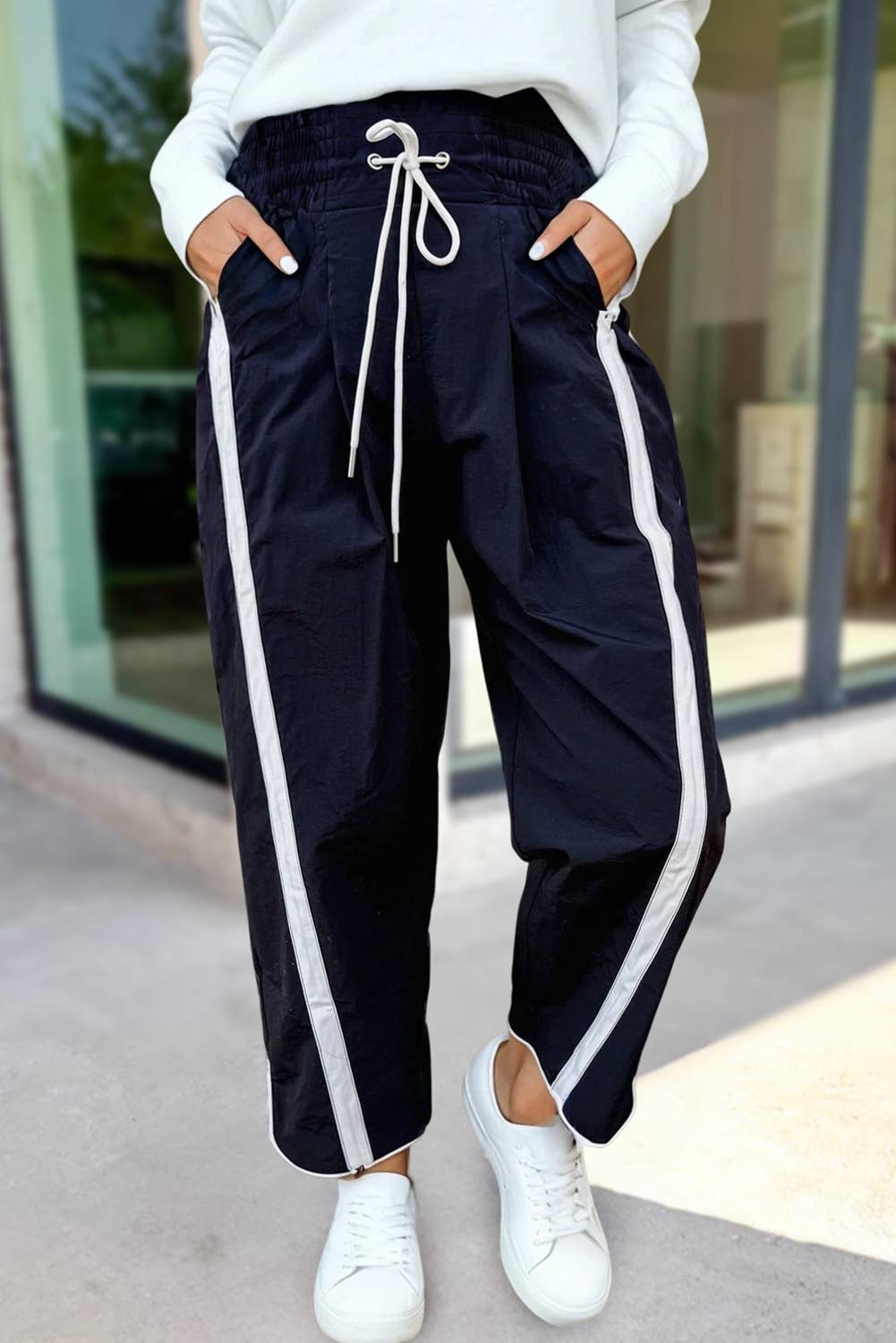 Stripe Smocked Waist Drawstring Cropped Pants | S-XL