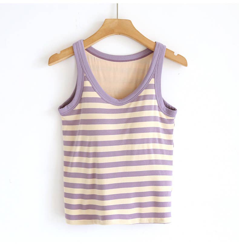 Contrast stripe scoop neck built-in bra tank top