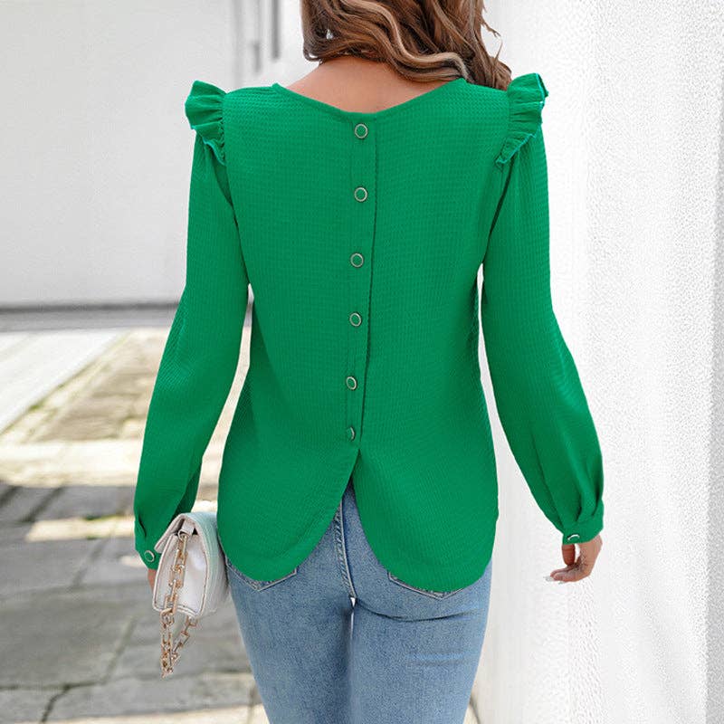 Green Ruffle Shoulder Textured Long Sleeve Blouse