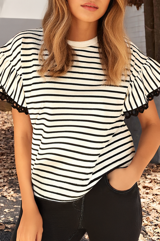 Striped Scallop Lace Trim Ruffle Sleeve Crewneck Top
