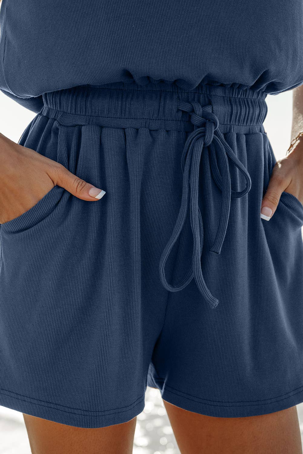 Open Back Cap Sleeve Drawstring Knit Romper | S-XL