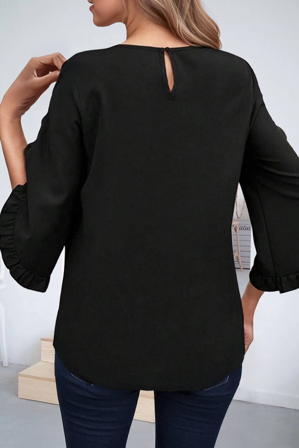 Frill Trim Plain Tulip Sleeve Blouse