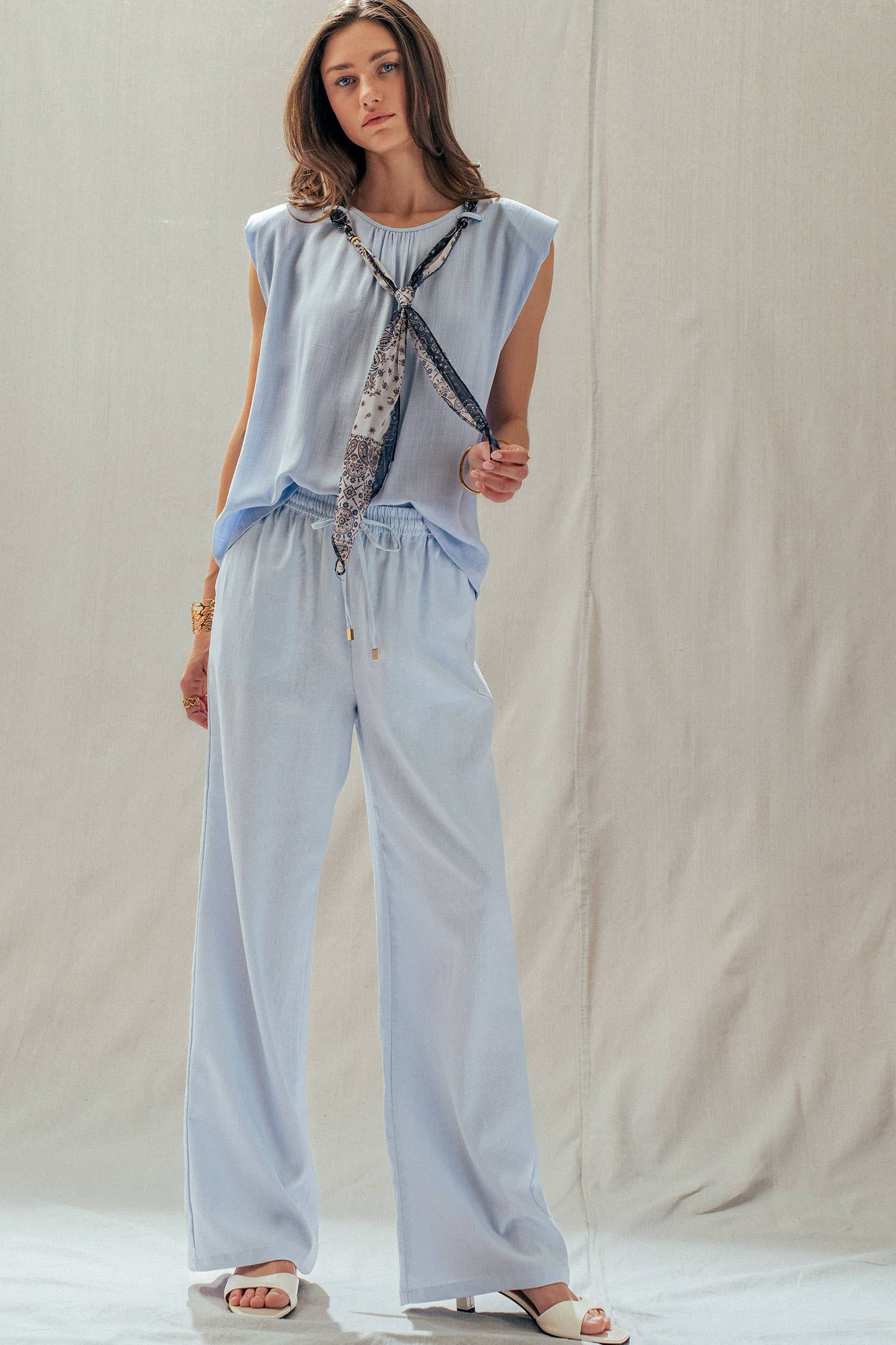 Linen Blend Wide Leg Pants Drawstring Waist