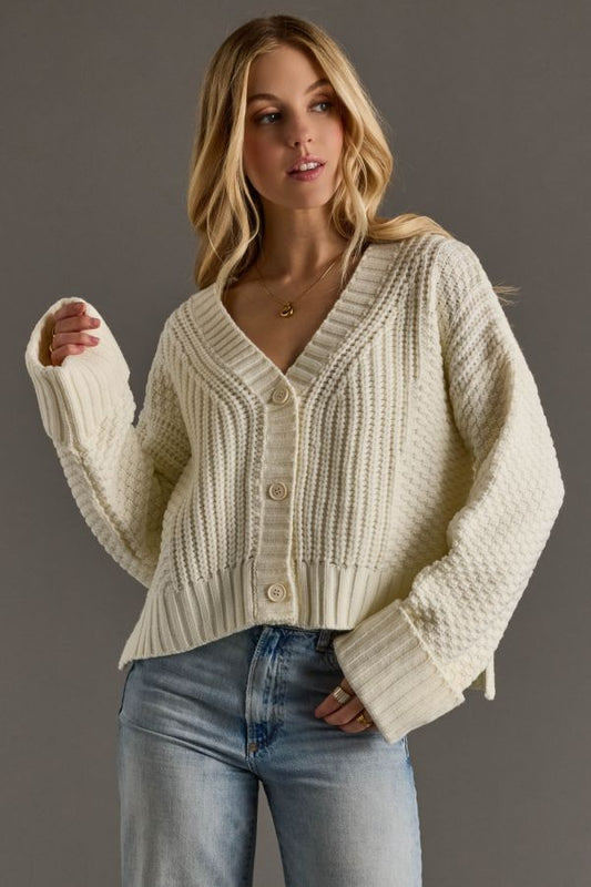 Panache- Ivory Knit Cropped Button Up Cardigan