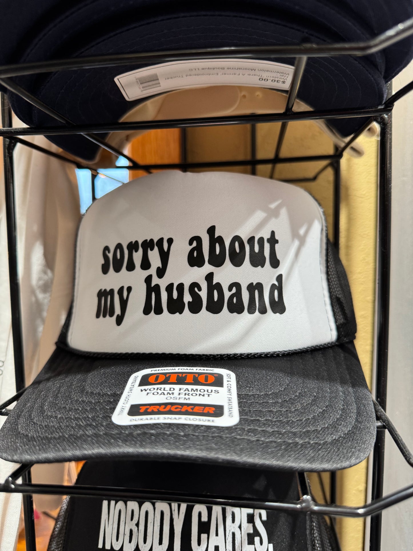 Sorry About My Husband DTF Printed Black & White Trucker Hat