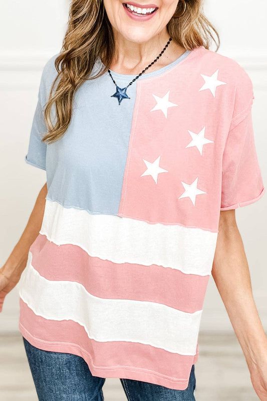 Pink Stars and Stripes Printed Crewneck Independence Day T Shirt