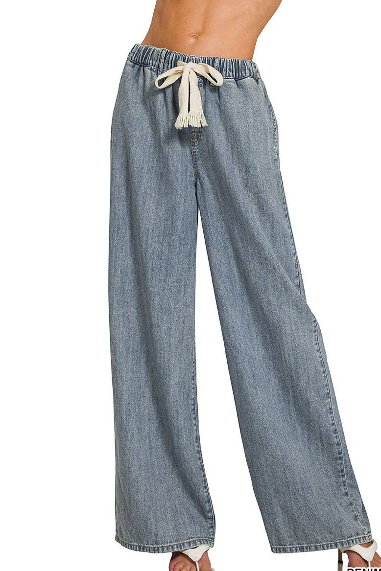 Wide Leg Drawstring Elastic Waistband Denim Pants