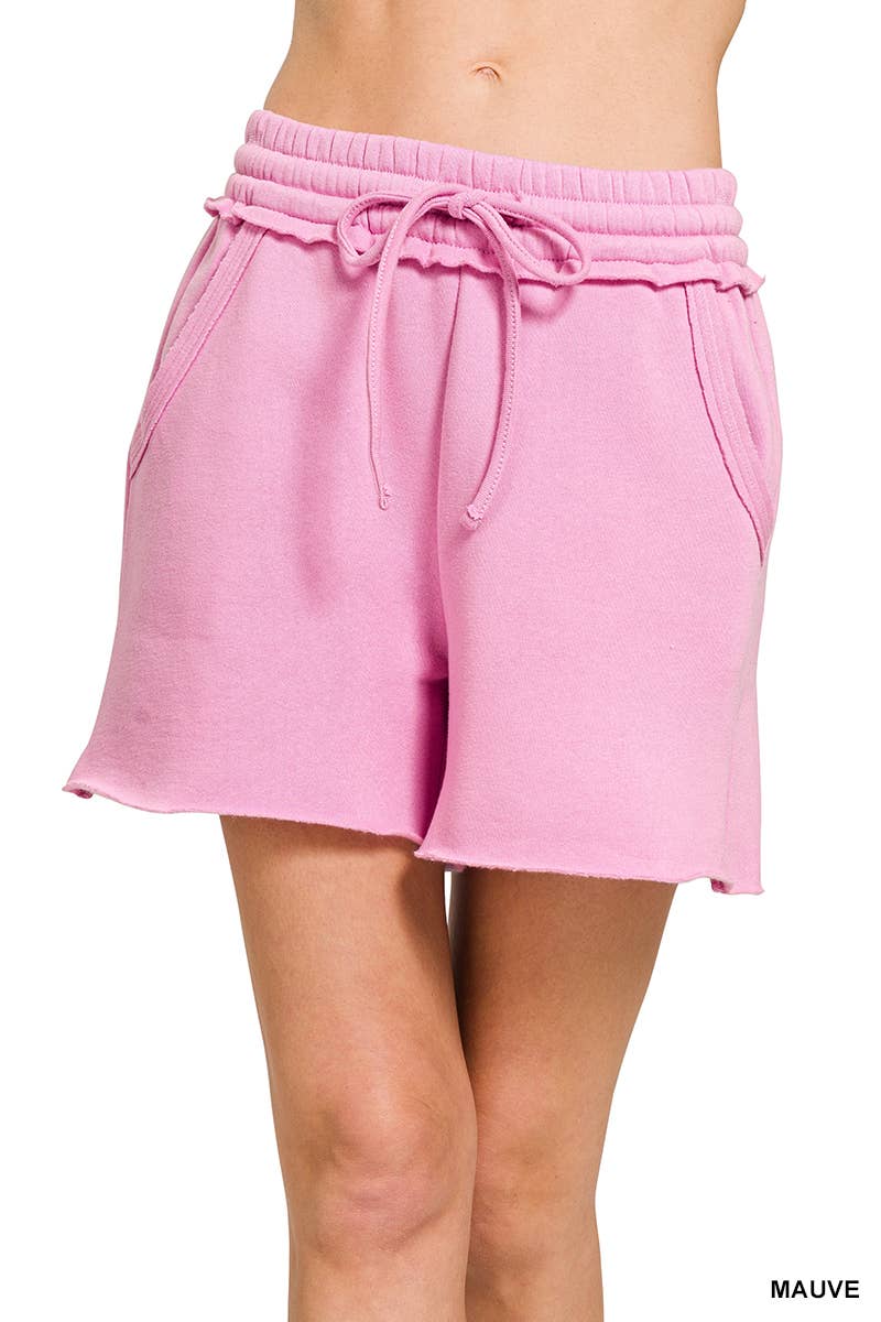 `.Fleece Raw Hem Shorts With Drawstring & Pockets