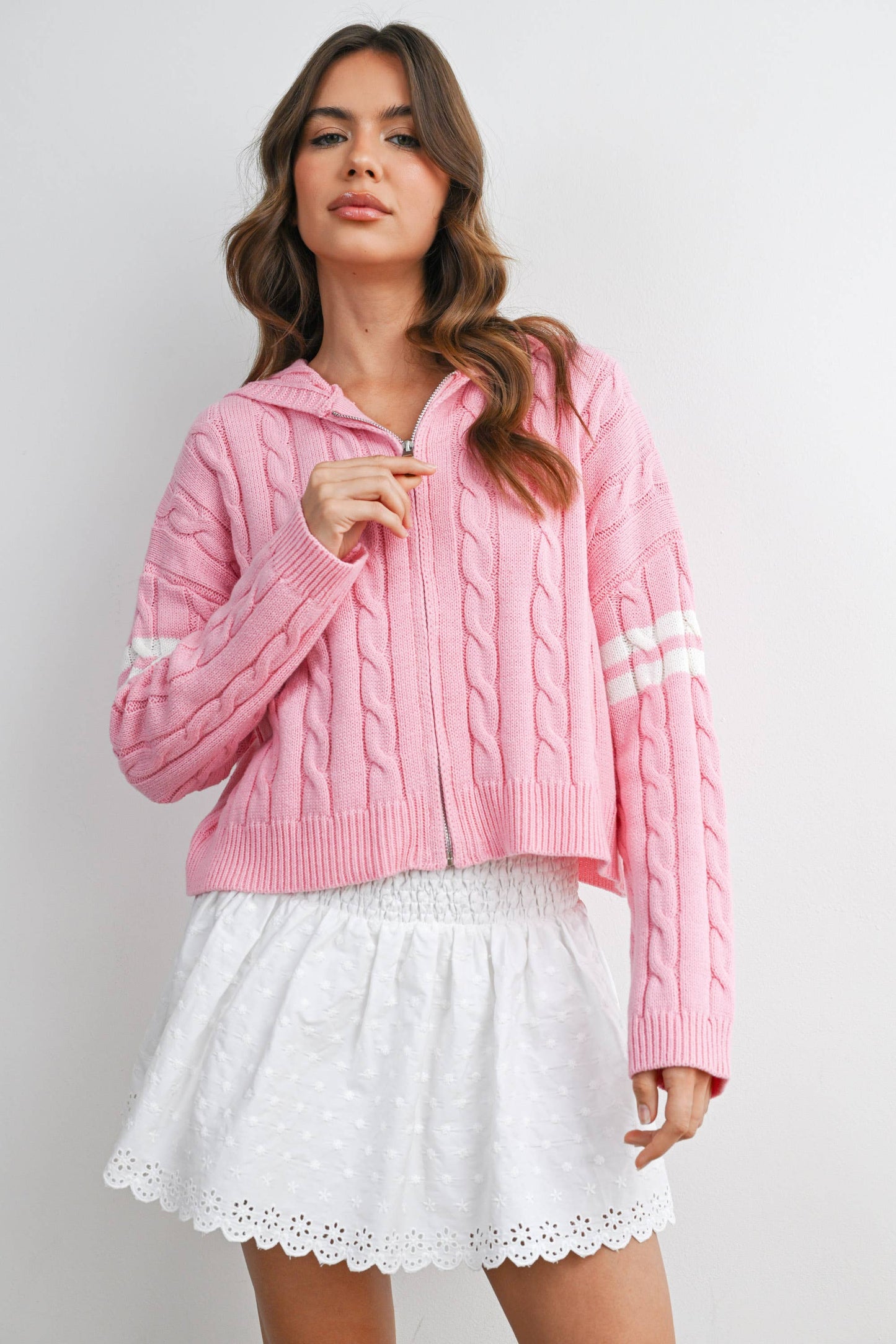 Cable Knit Zip-Up Hoodie Cardigan -