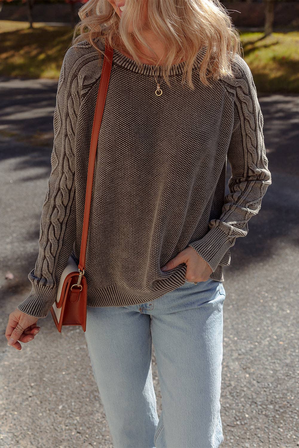 Ashleigh Blue Contrast Cable Knit Sleeve Casual Sweater