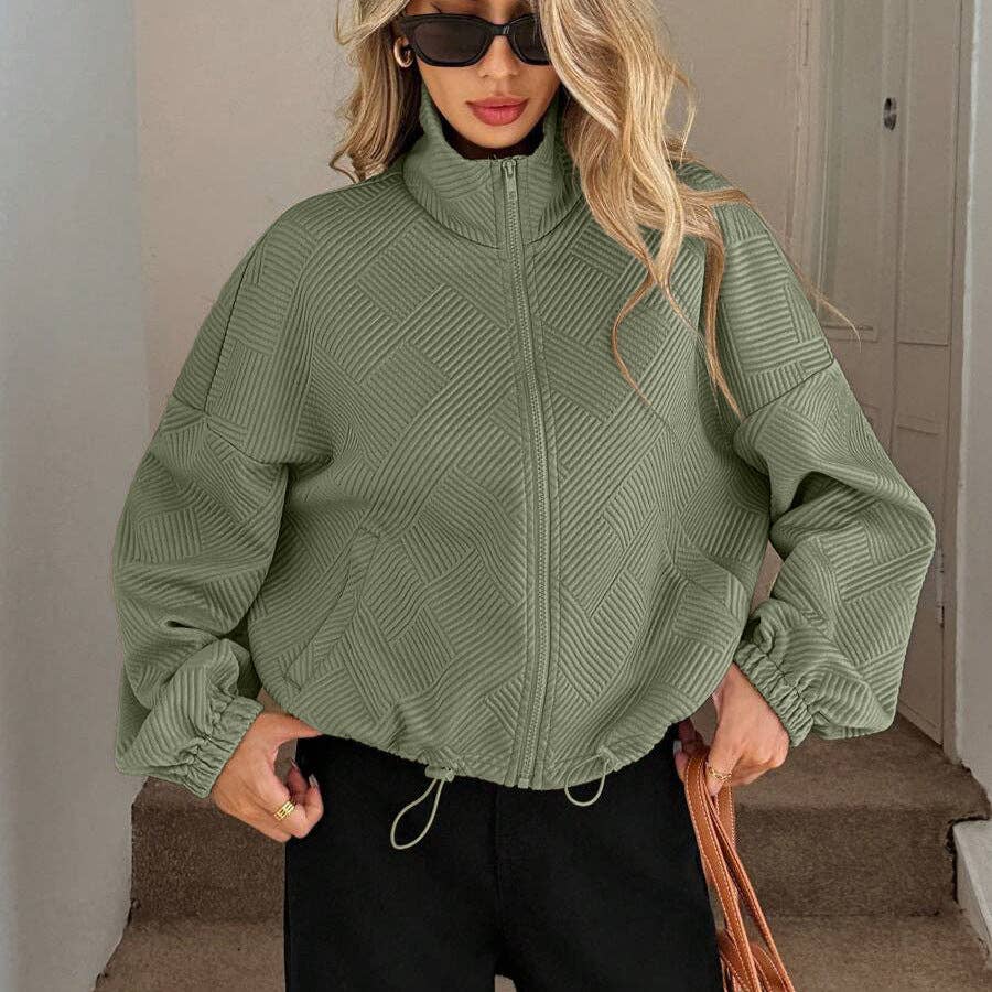 Textured Polyester Jacket Casual Bomber Oversized Zip Up