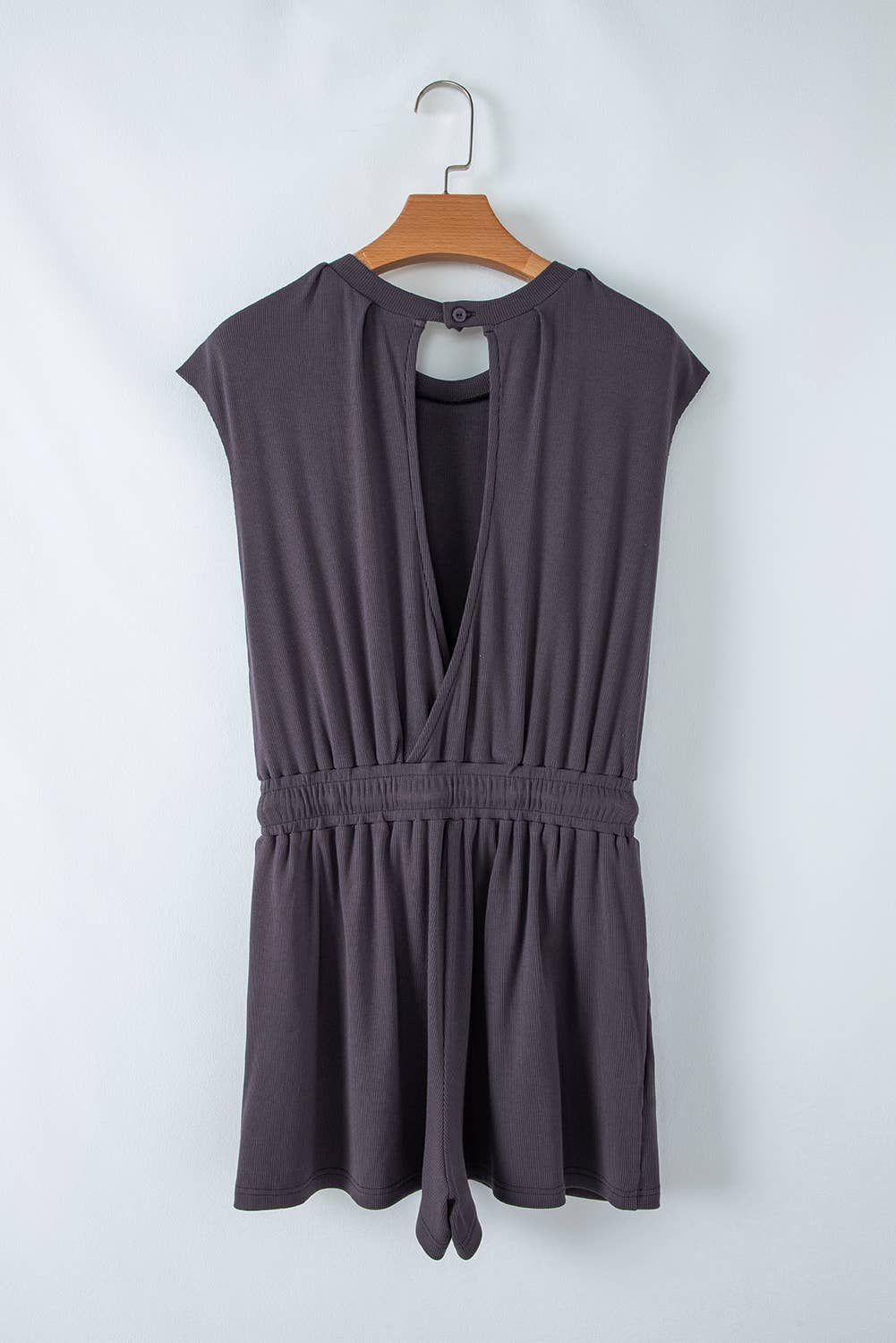 Open Back Cap Sleeve Drawstring Knit Romper | S-XL