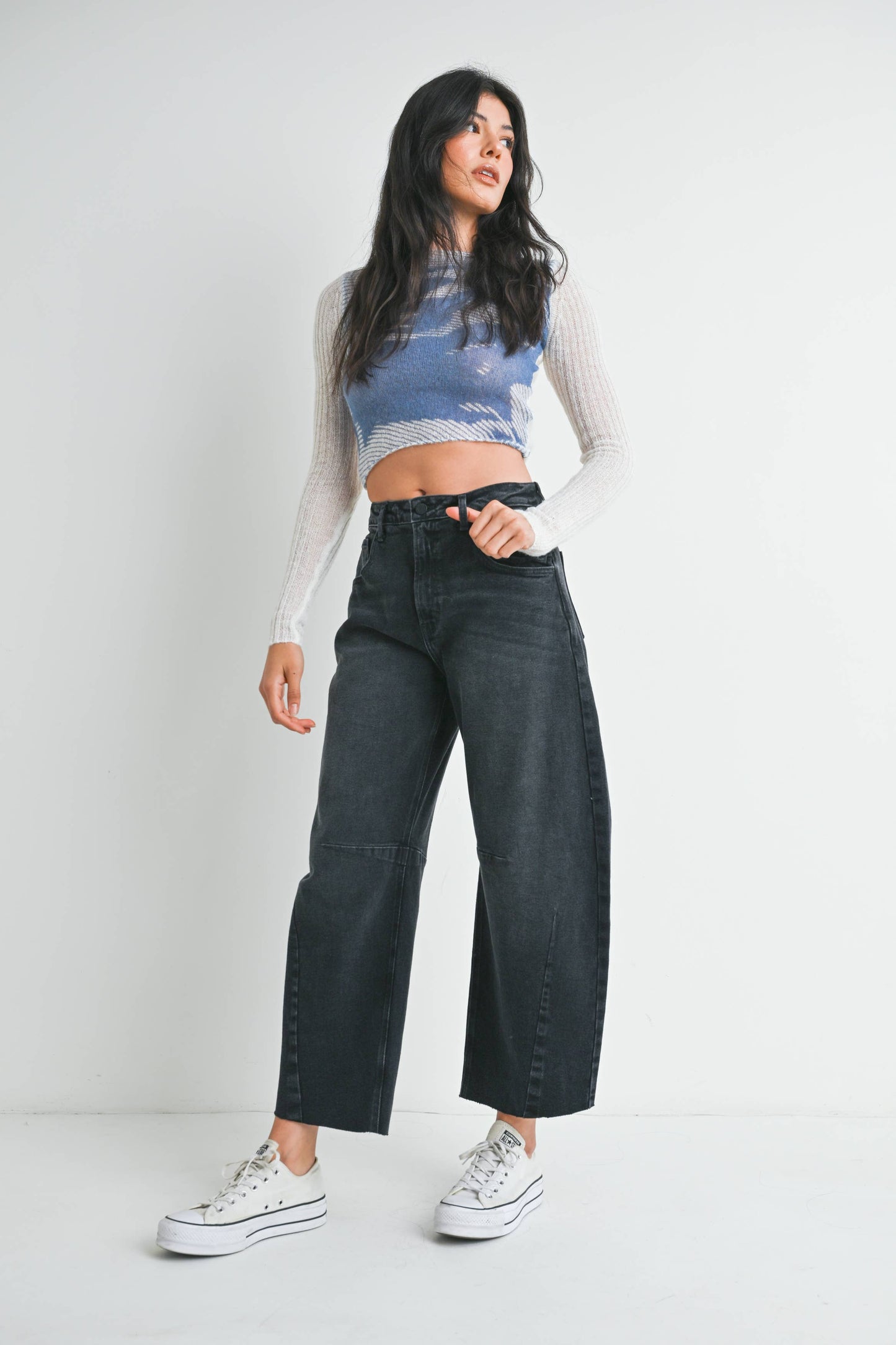 Raw Hem Barrel Jean w/ Seams - WASHED BLACK - BP473J