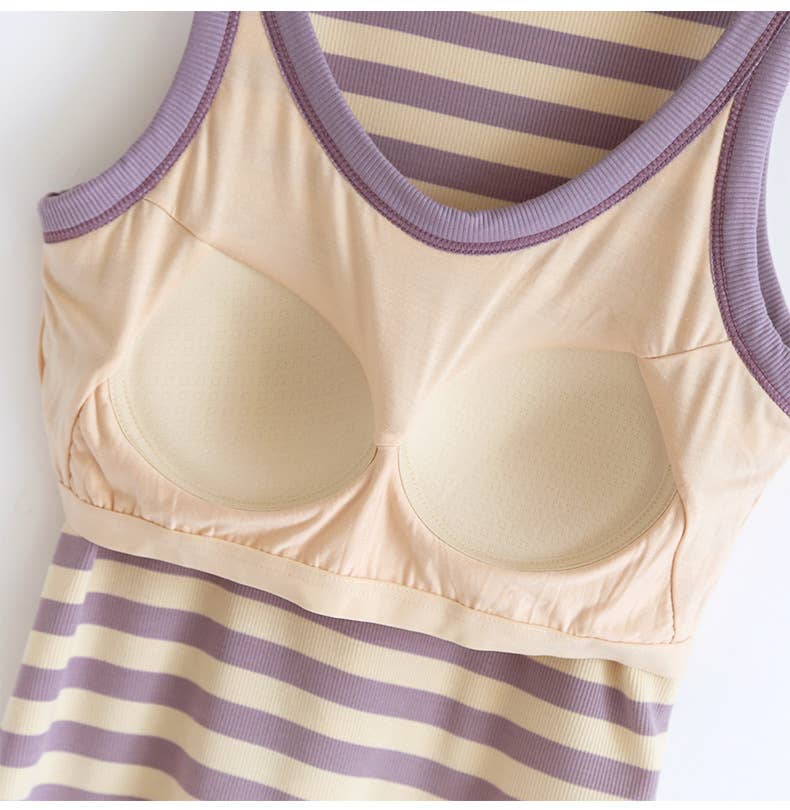Contrast stripe scoop neck built-in bra tank top