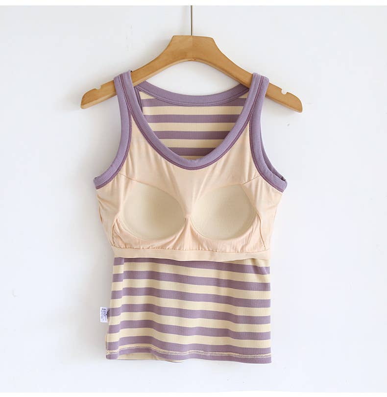 Contrast stripe scoop neck built-in bra tank top