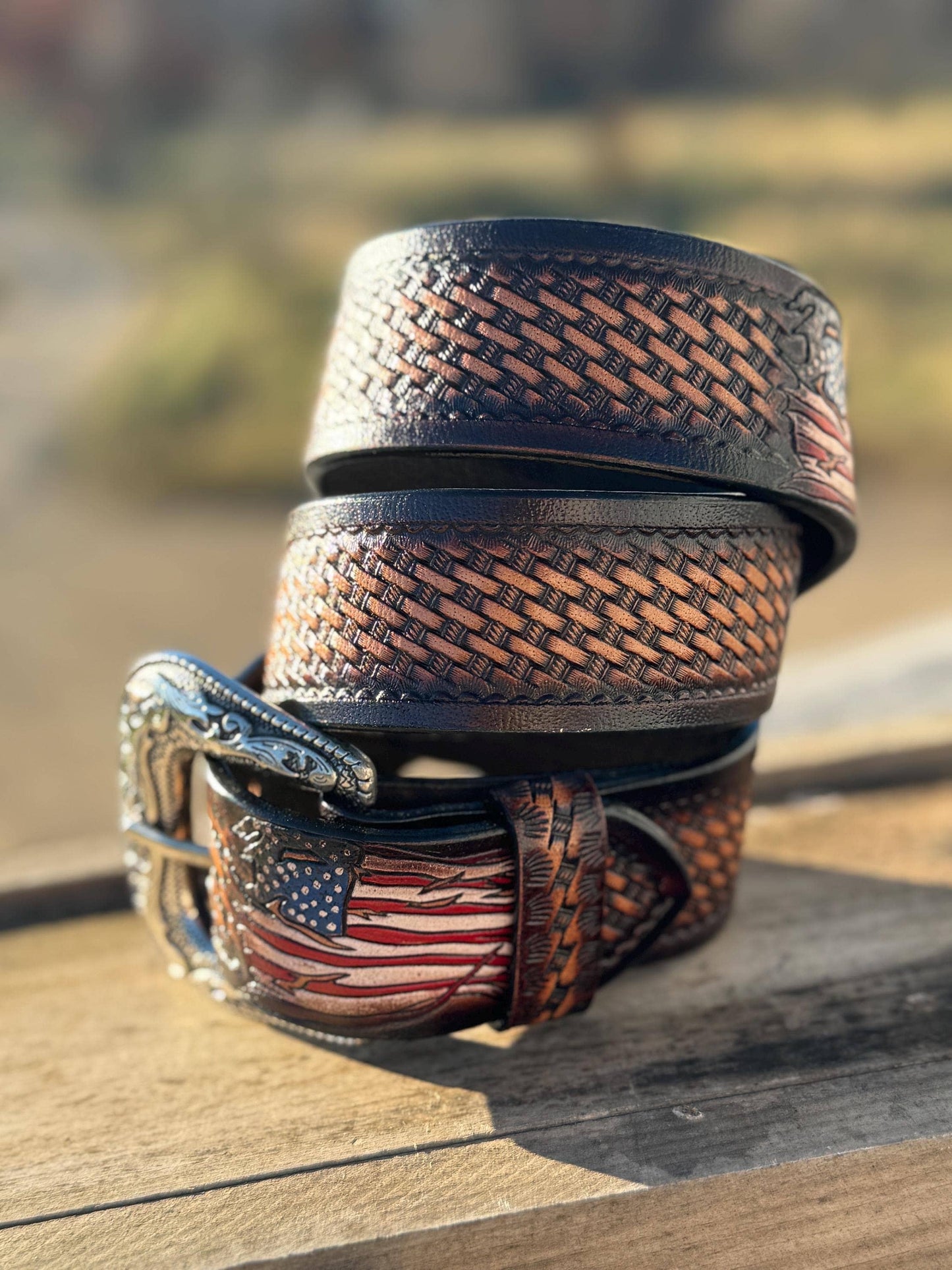 Genuine Leather Western Belt with tooled American Flag details by Double B Wild Rags