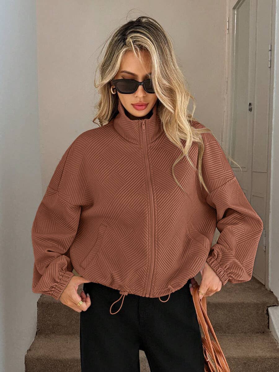 Textured Polyester Jacket Casual Bomber Oversized Zip Up