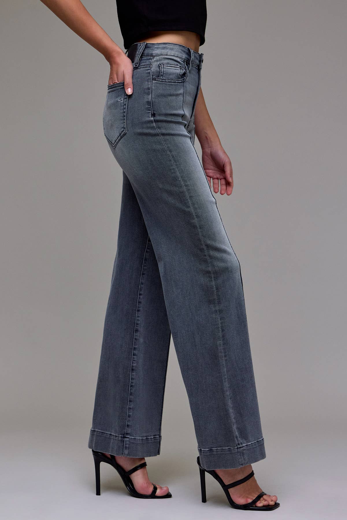 Grey Wash Pintuck High Rise Comfort Flare