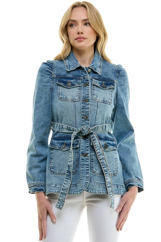 Stretch Solid Ladies Casual Denim Jacket with Belt