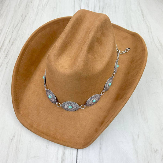 silver oval metal with blue turquoise stone hat decor chain.