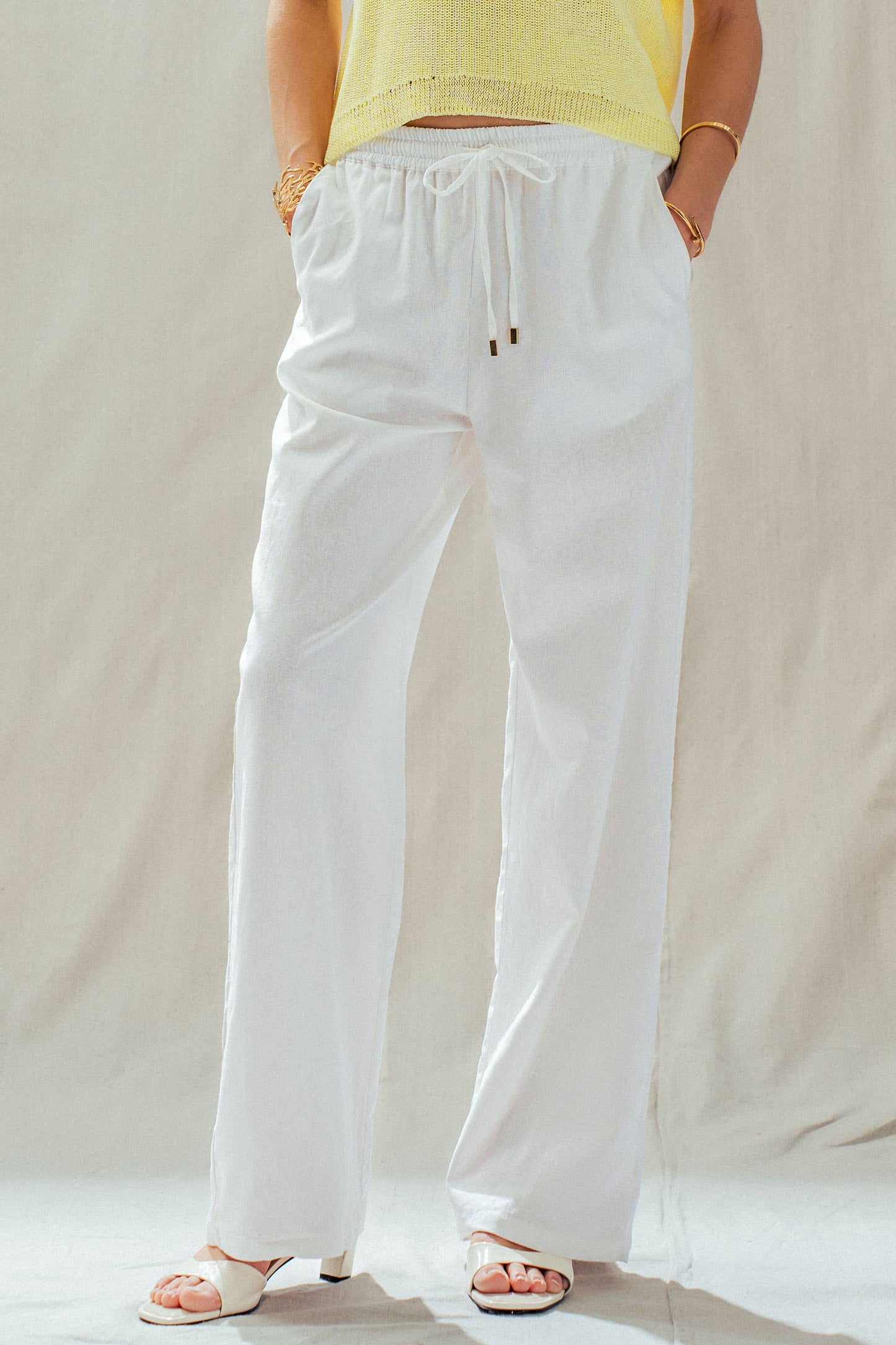 Linen Blend Wide Leg Pants Drawstring Waist