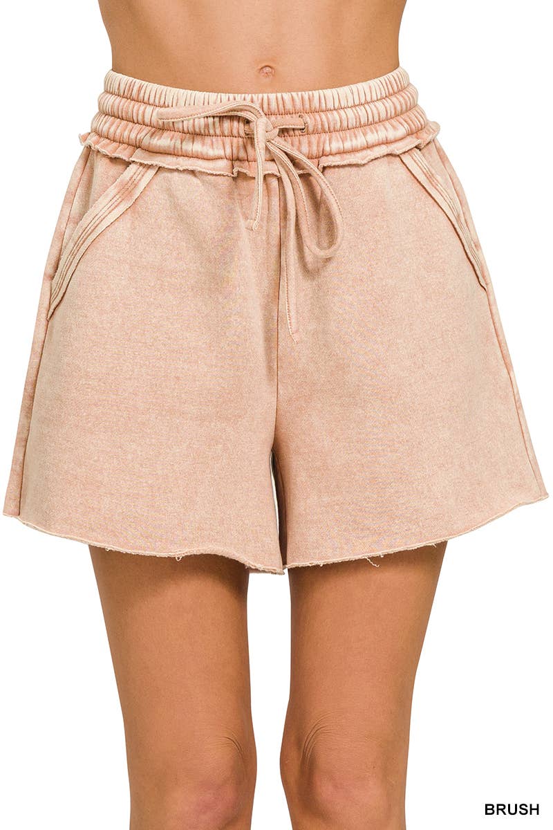 Washed Fleece Drawstring Shorts With Pockets