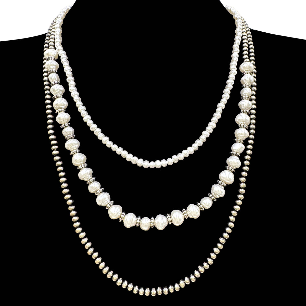 Three Strand Pearl Turquoise Stone Beads Western Necklace