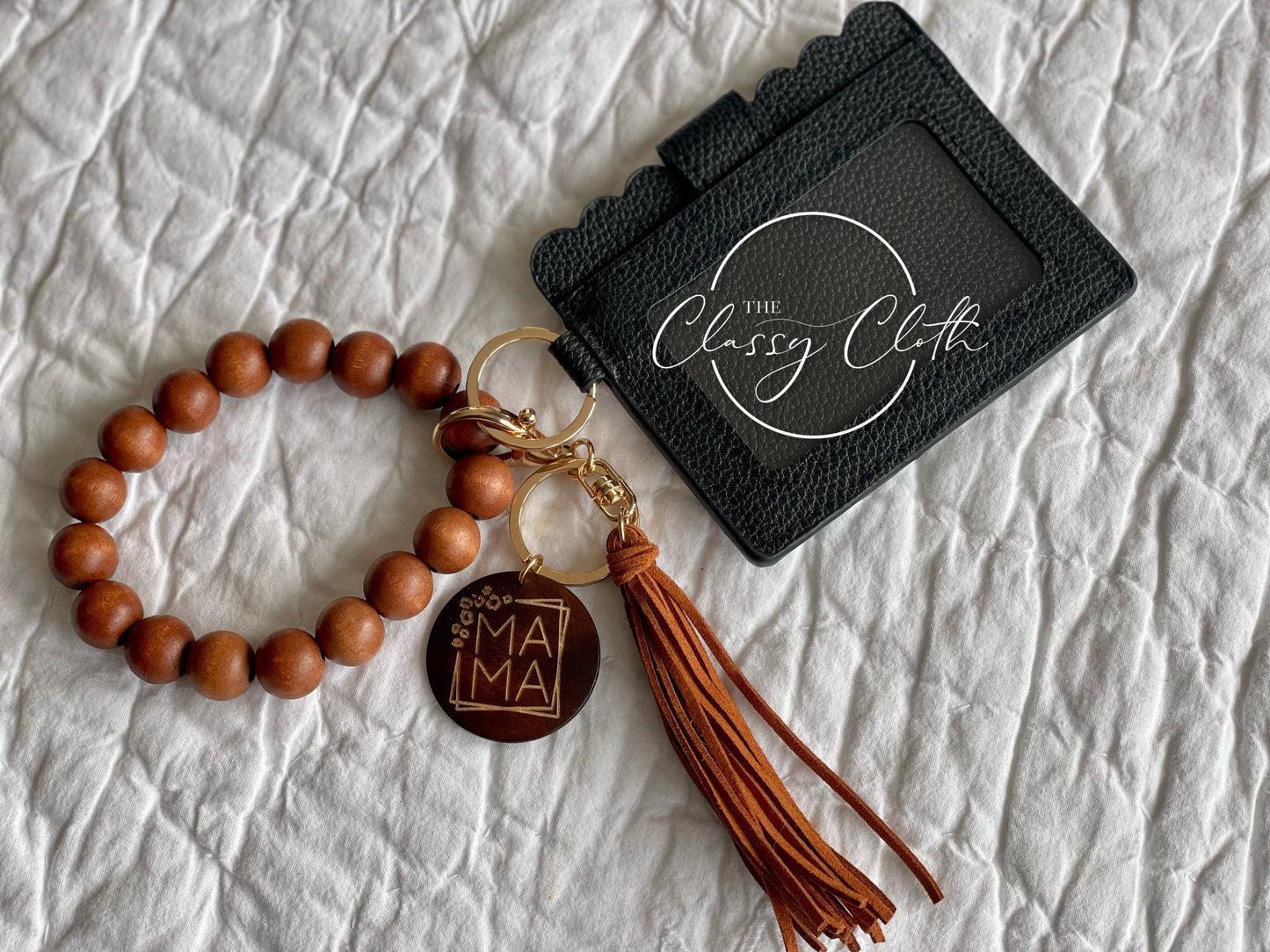 MAMA Wristlet Keychain Wallet- Solid Wood w/ Brwn Tassel RTS