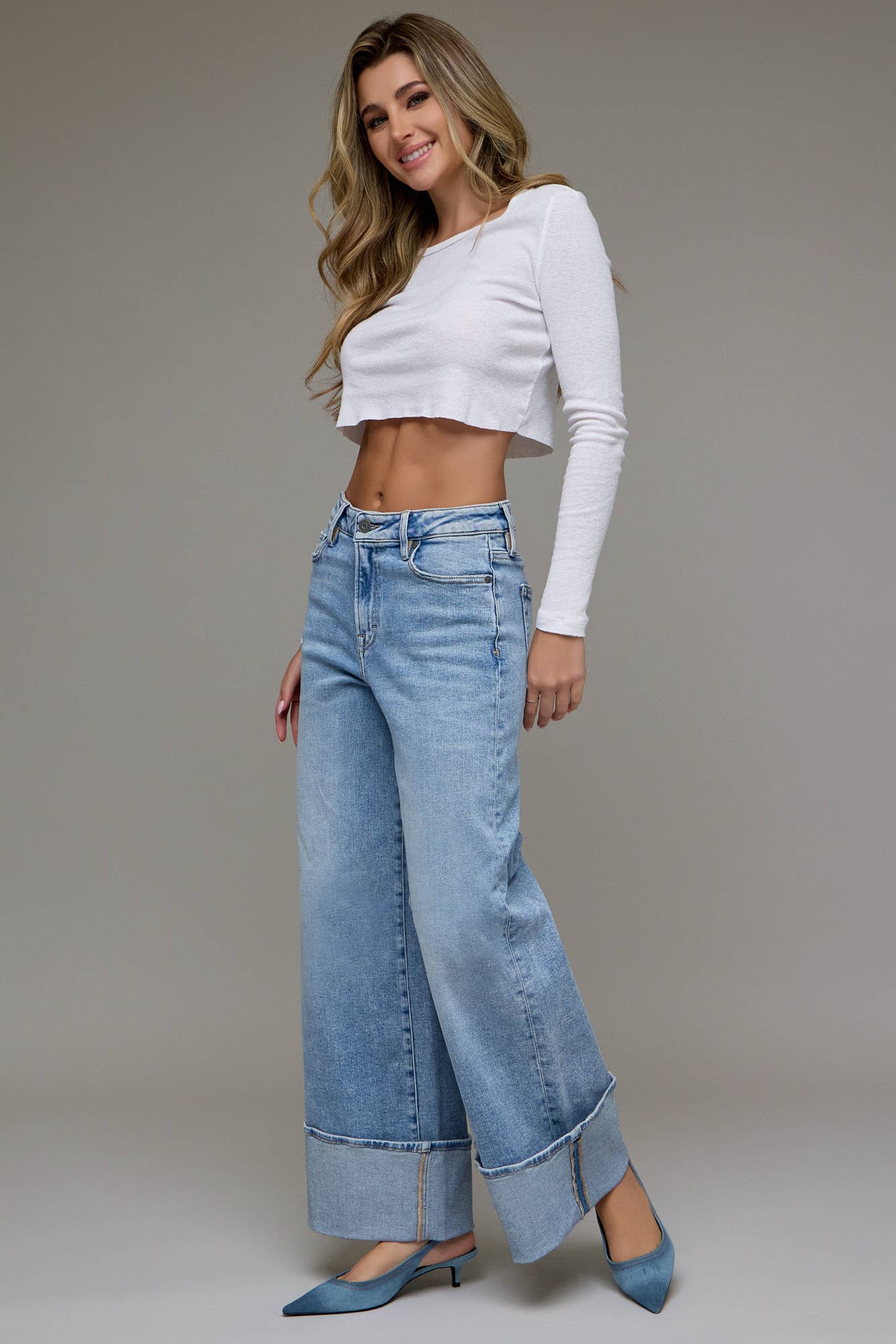 NORI Medium Light High Rise Cuffed Super Wide Leg