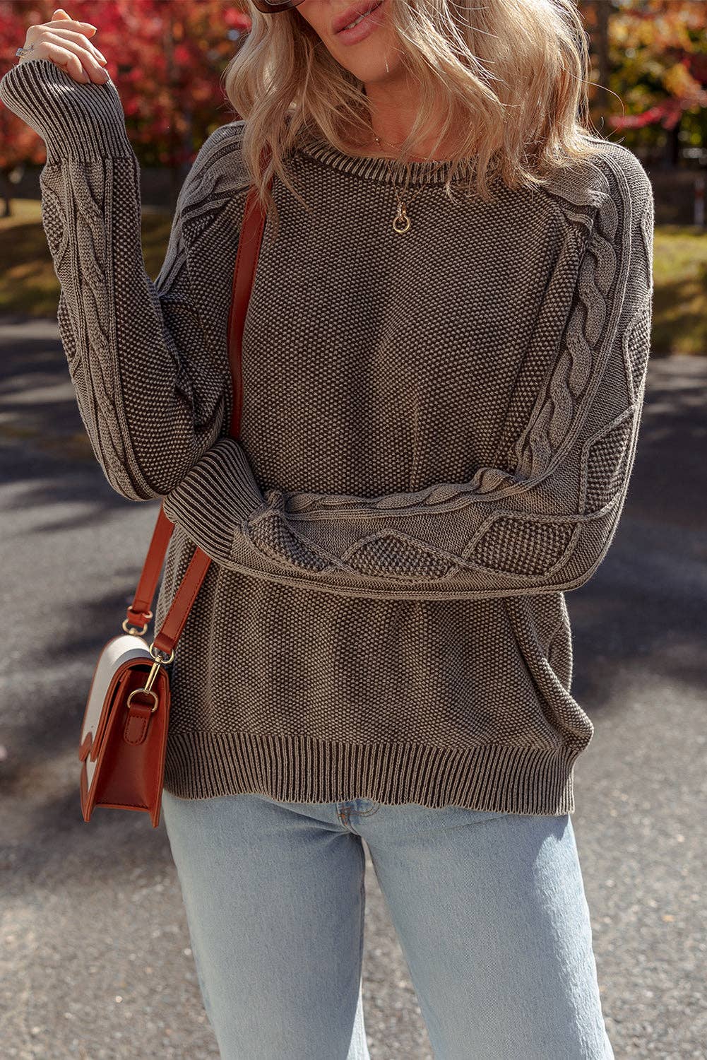 Ashleigh Blue Contrast Cable Knit Sleeve Casual Sweater