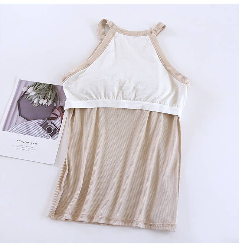 Laid back halter neck rib knit built-in bra tank top